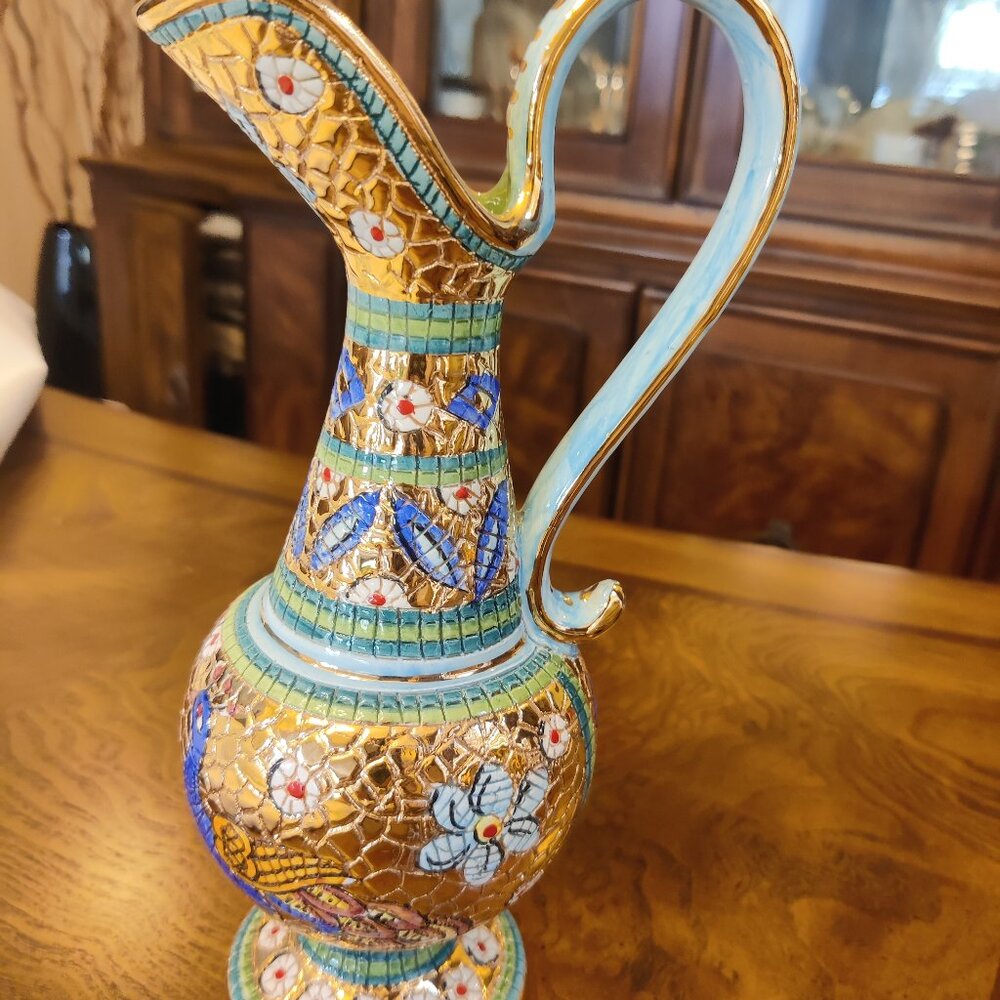 Antique Byzantine Italian Pottery Pitcher Handcrafted Vase with gold paint